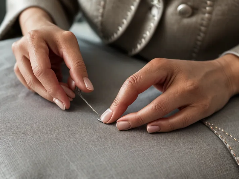 Picado a mano de la solapa de una chaqueta sastre mostrando la tensión del hilo sobre pelo de camello
