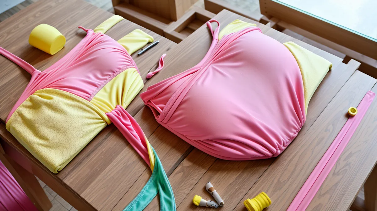 Copas pre-formadas de espuma y lycra fucsia sobre la mesa de corte, en pleno proyecto de bikini DIY y costura avanzada